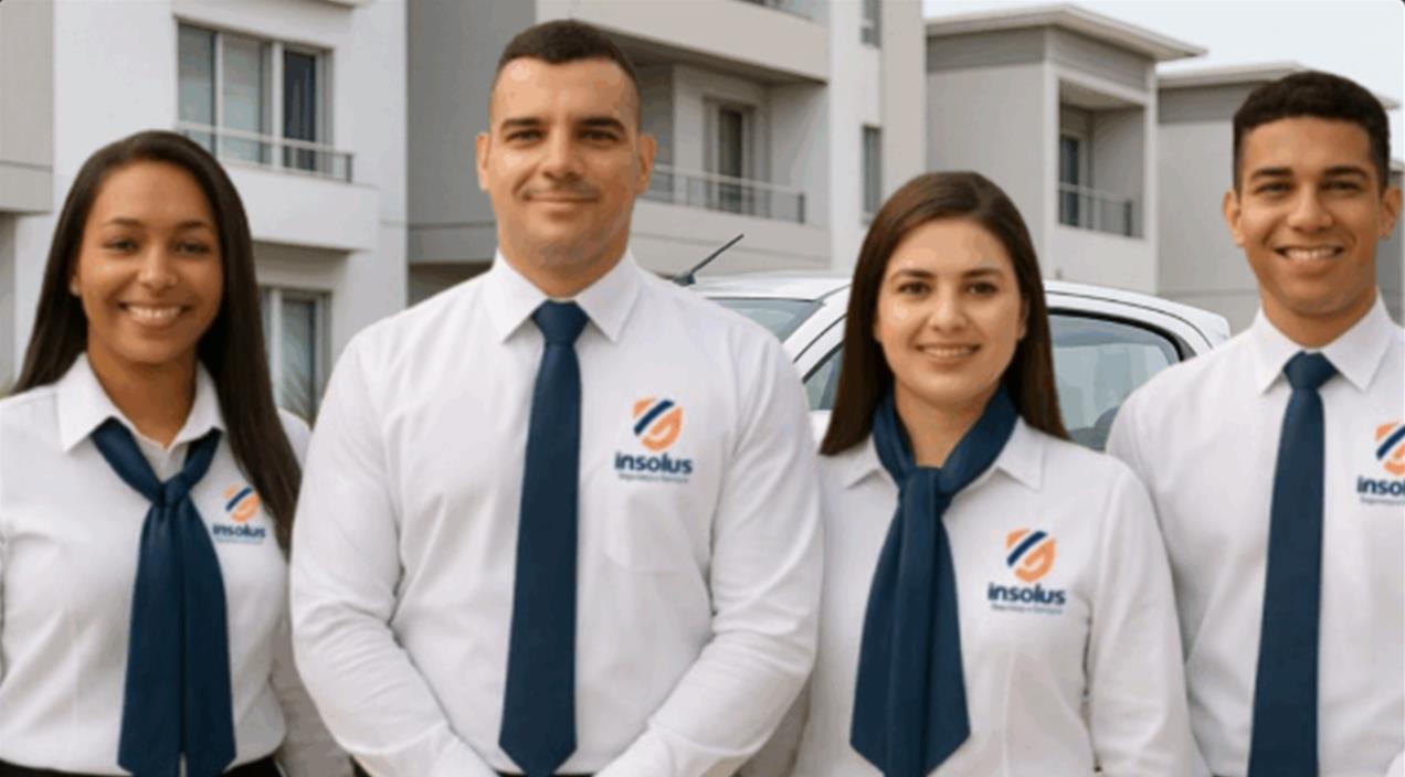 Equipe da Insolus uniformizada em frente a um condomínio