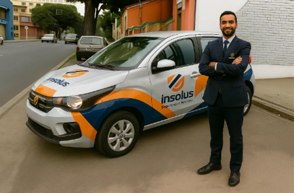 Supervisor da Insolus ao lado da viatura da empresa