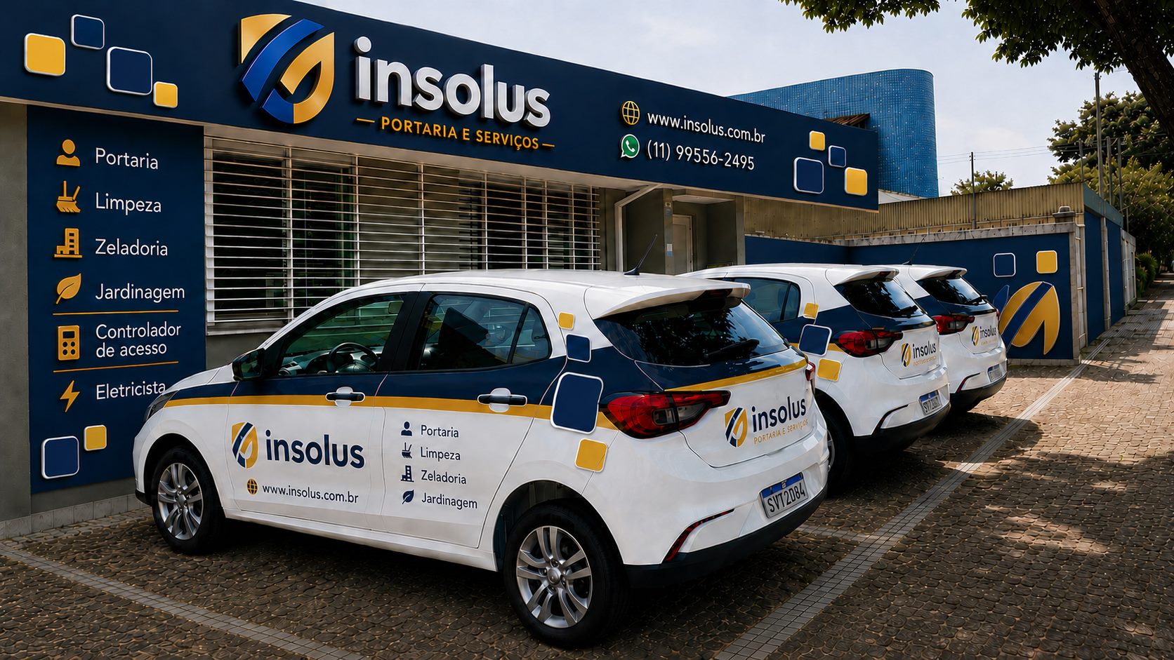 Fachada da Insolus com os carros da equipe