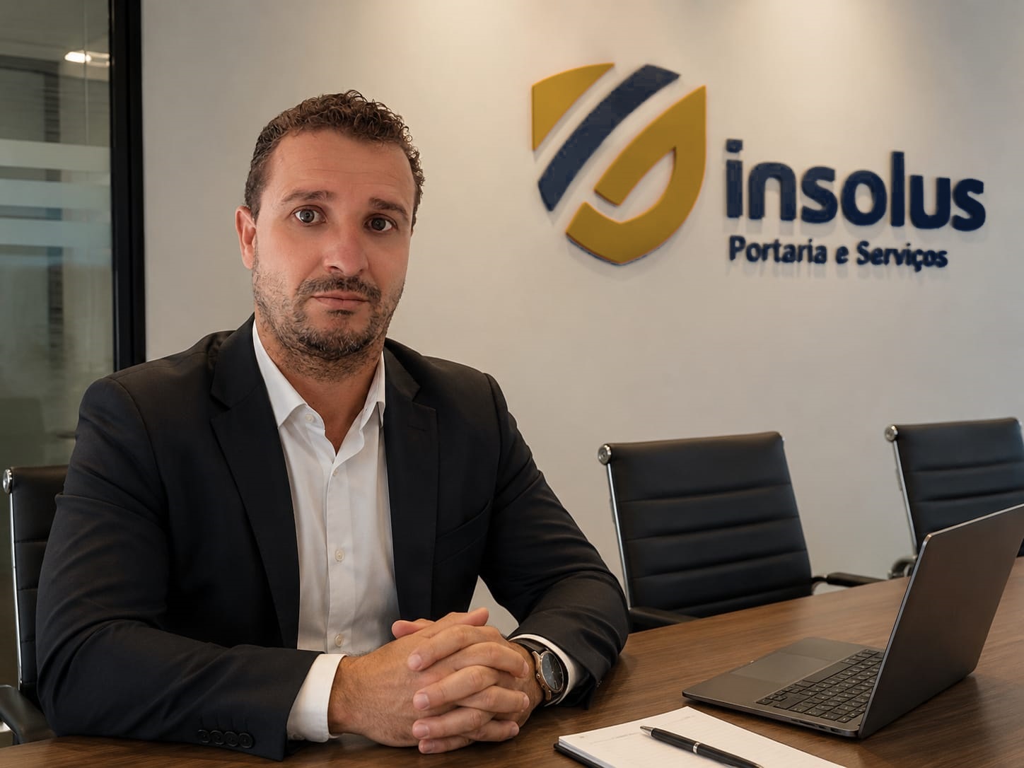 Sala de reuniões da Insolus Portaria e Serviços, com a logo da empresa na parede